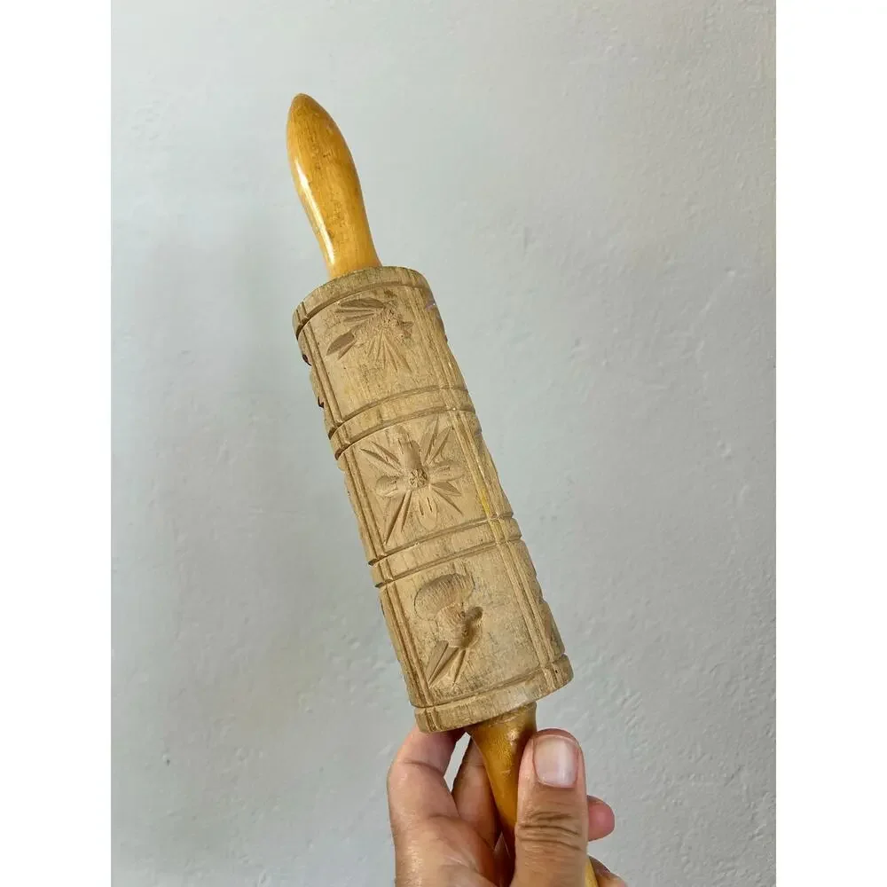 Vintage Carved Wood Springerle Rolling Pin | Farmhouse Baking Decor